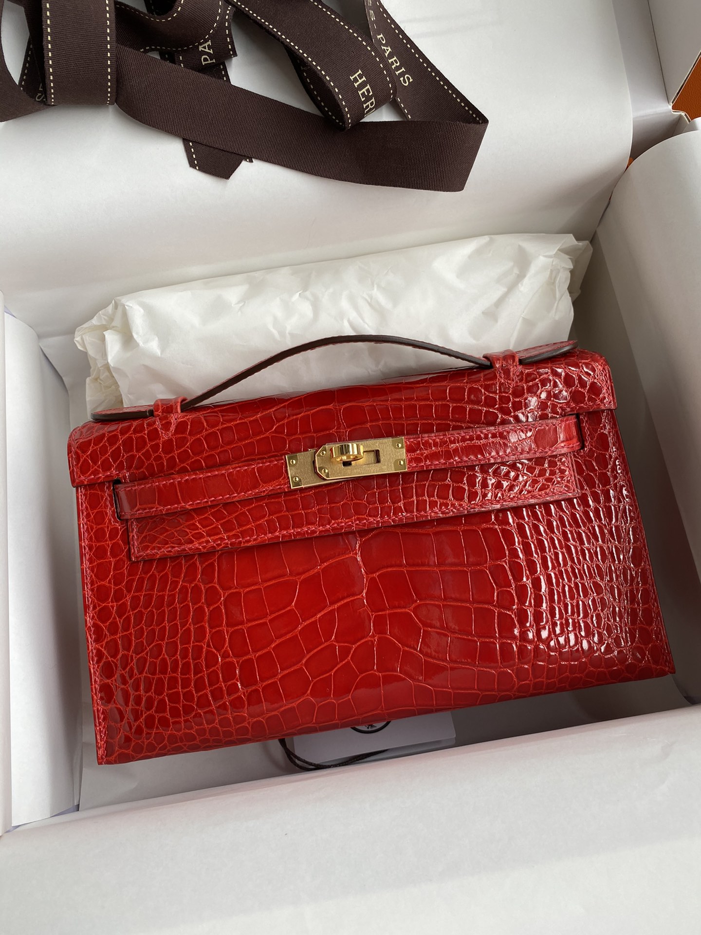 Hermes Mini Kelly Pochette 22cm Bag In Red Shiny Alligator Leather